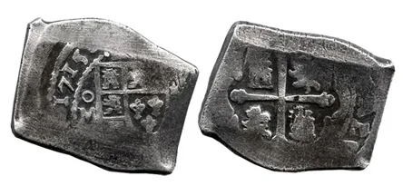 8 reales Mexican silver cob, full date 1715, recovered from the 1715 fleet