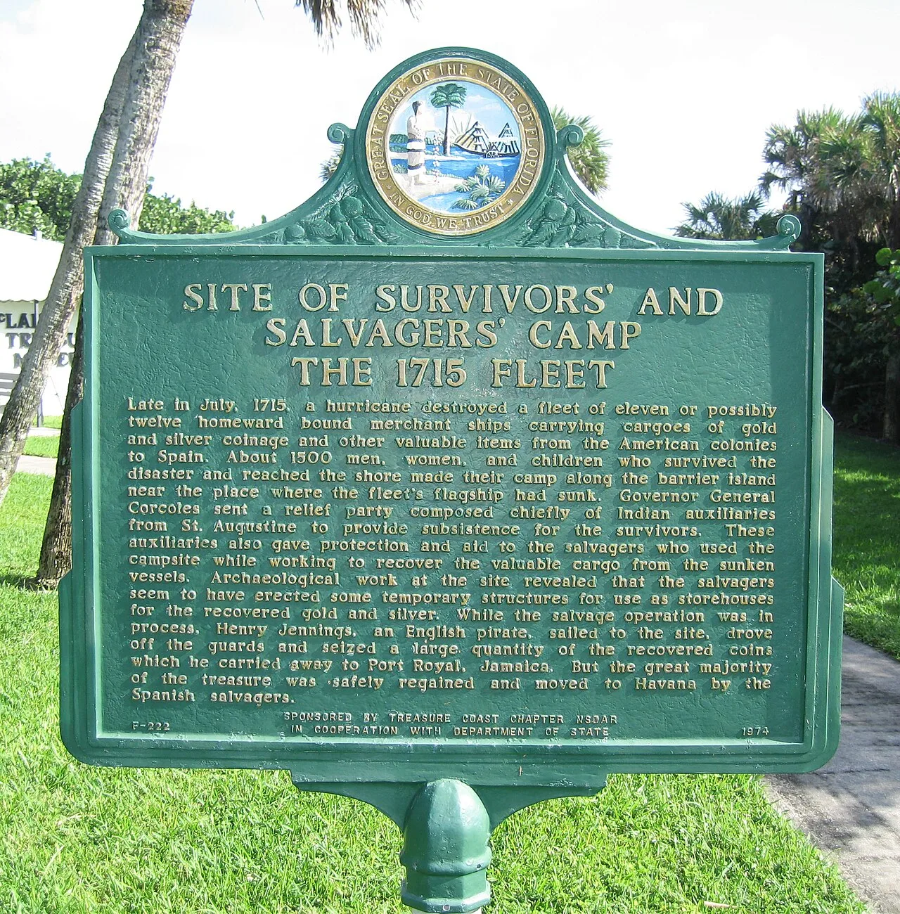 Historical marker designating the site of the Survivors' and Salvagers' Camp - 1715 Fleet