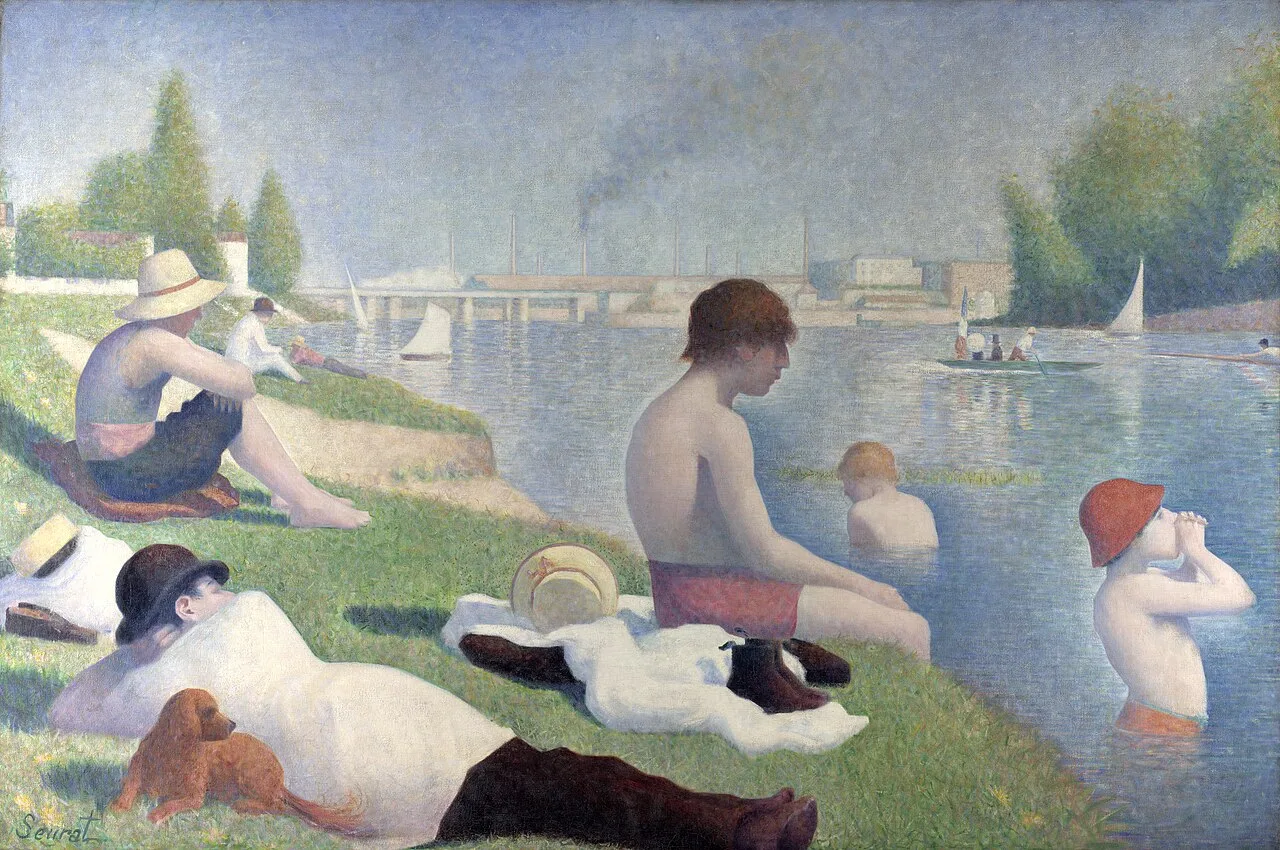 The left bank of working class Bathers at Asnières (1884) also by Seurat, mirrors the right bank of the bourgeoisie on L