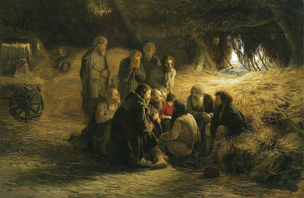 Russian peasants reading the Emancipation Manifesto, an 1873 painting by Grigory Myasoyedov