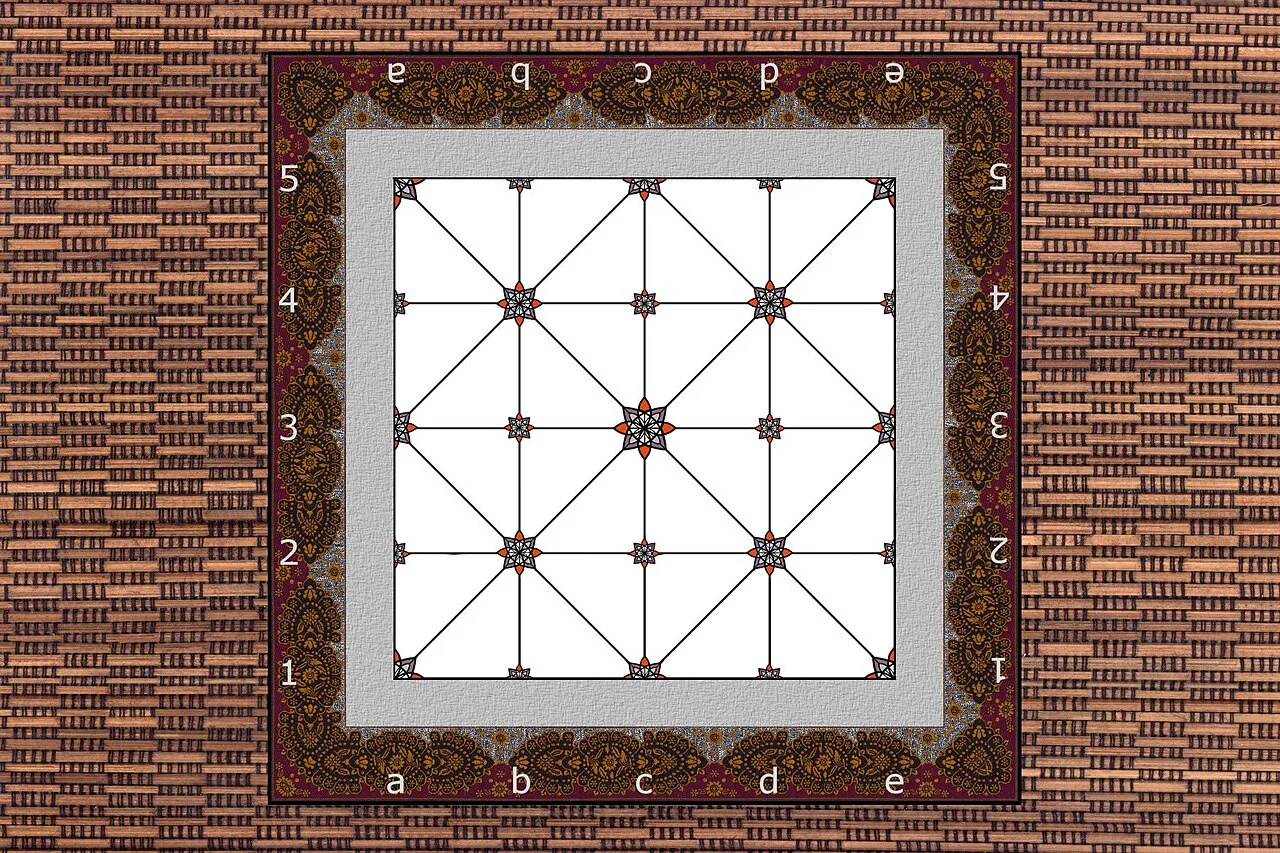 This board graphic displays Moorish design elements relating to the origin of Alquerque. The algebraic notation facilita