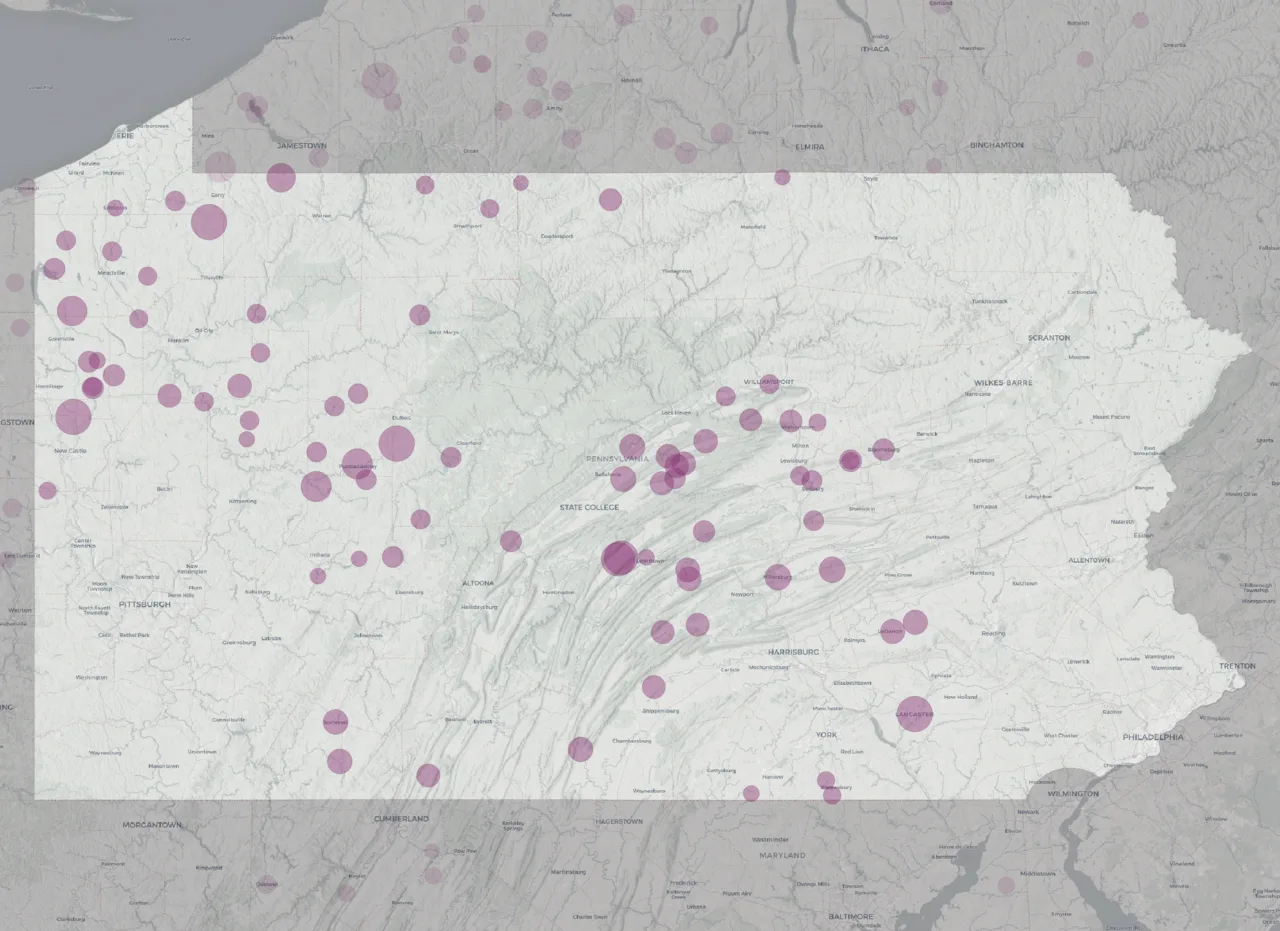 Amish settlements as of 2022 in Pennsylvania, the state with the largest Amish population in the U.S.