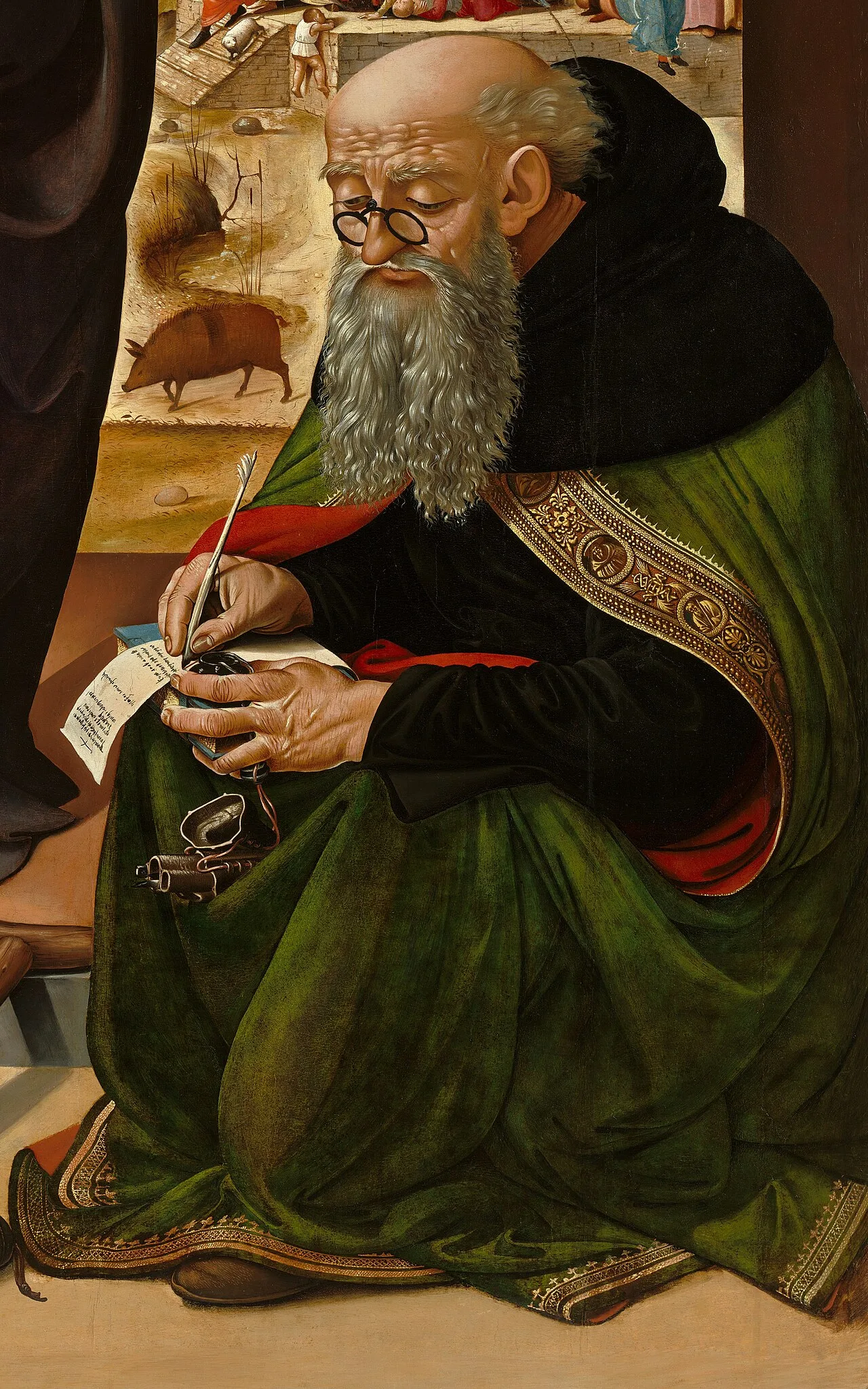 Painting of Saint Anthony, a part of The Visitation with Saint Nicholas and Saint Anthony Abbot by Piero di Cosimo, c. 1