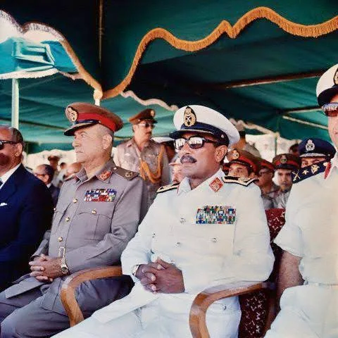 Sadat and Ahmad Ismail Ali attending the re-opening ceremony of Suez Canal after the Yom Kippur war, June 5, 1975