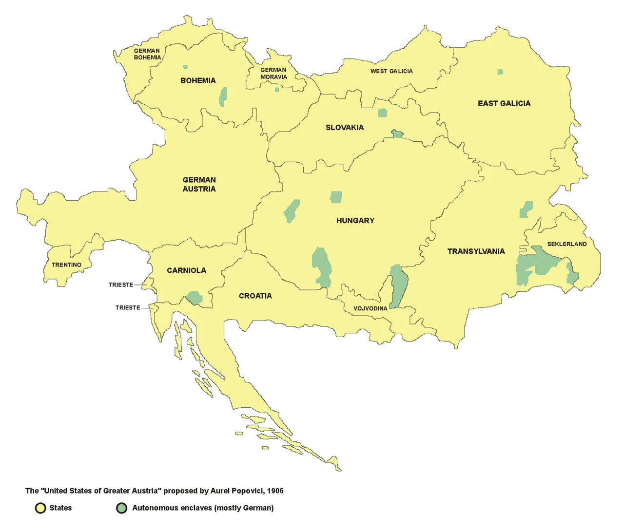 Map of the federalization of Austria-Hungary planned by Archduke Franz Ferdinand, the member states with separate govern