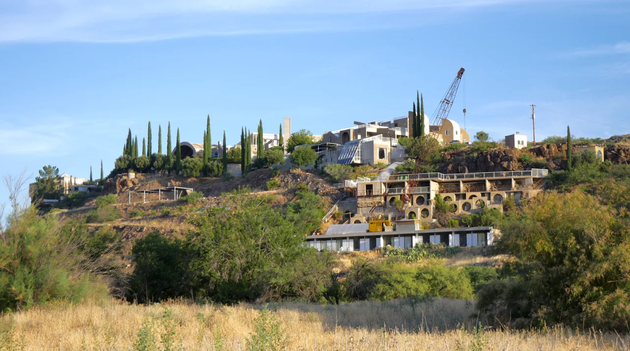 View of Arcosanti from the southeast, showing buildings from Crafts III on the far left to the guestrooms in the right f