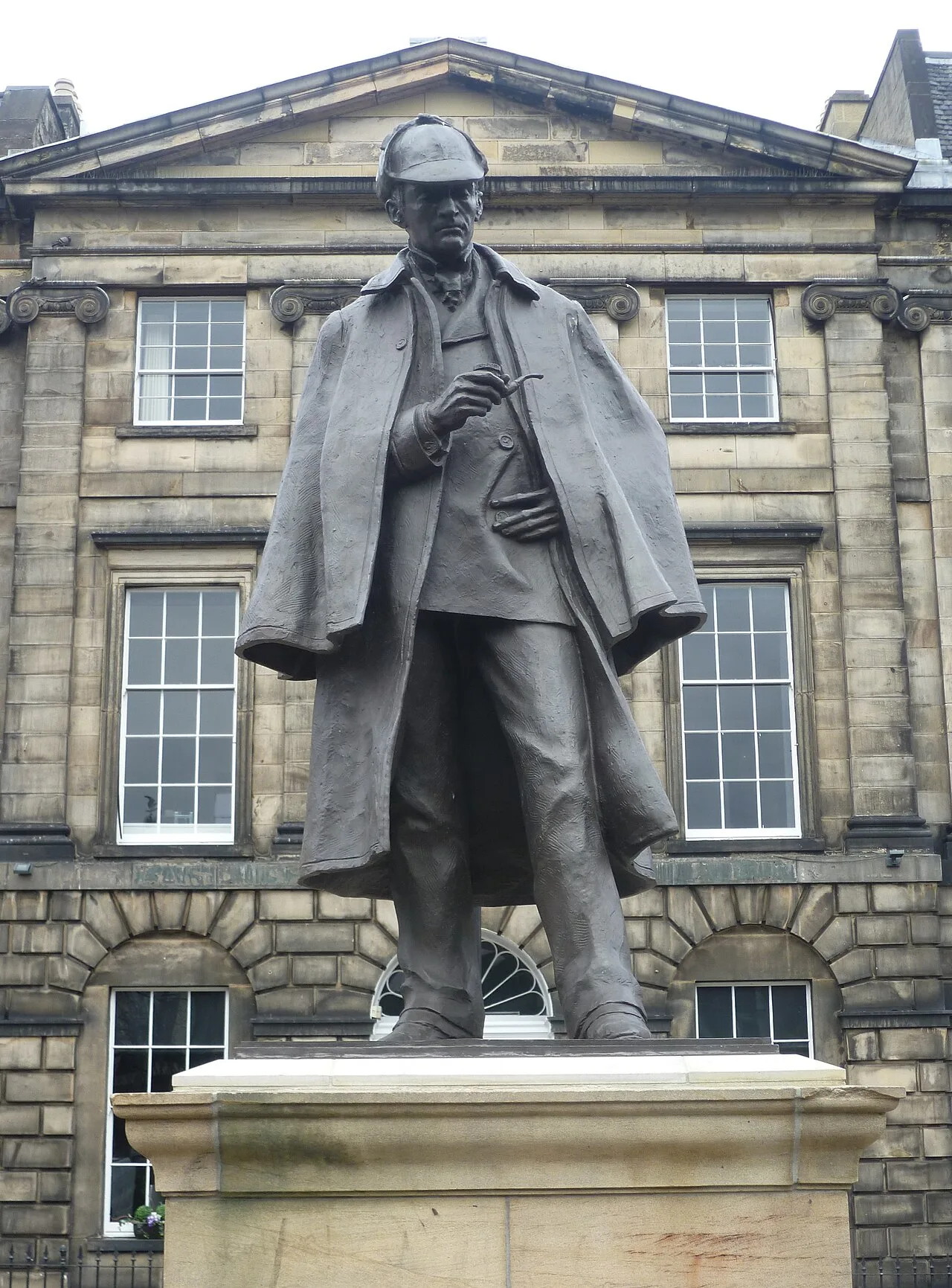 Sherlock Holmes statue in Edinburgh, erected opposite the birthplace of Doyle, which was demolished c. 1970