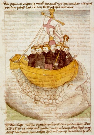 Brendan and his monks' ship is carried by a giant fish in a German manuscript.