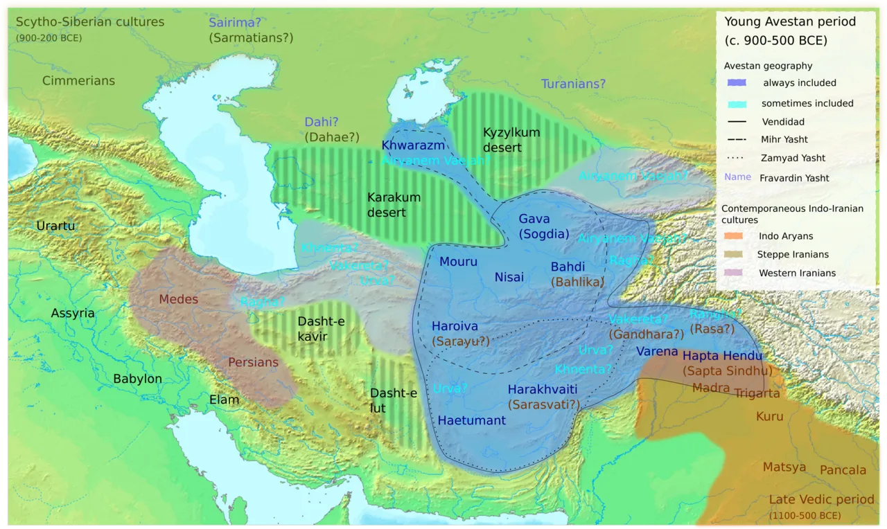Geographical horizon of the toponyms found in the Young Avestan texts