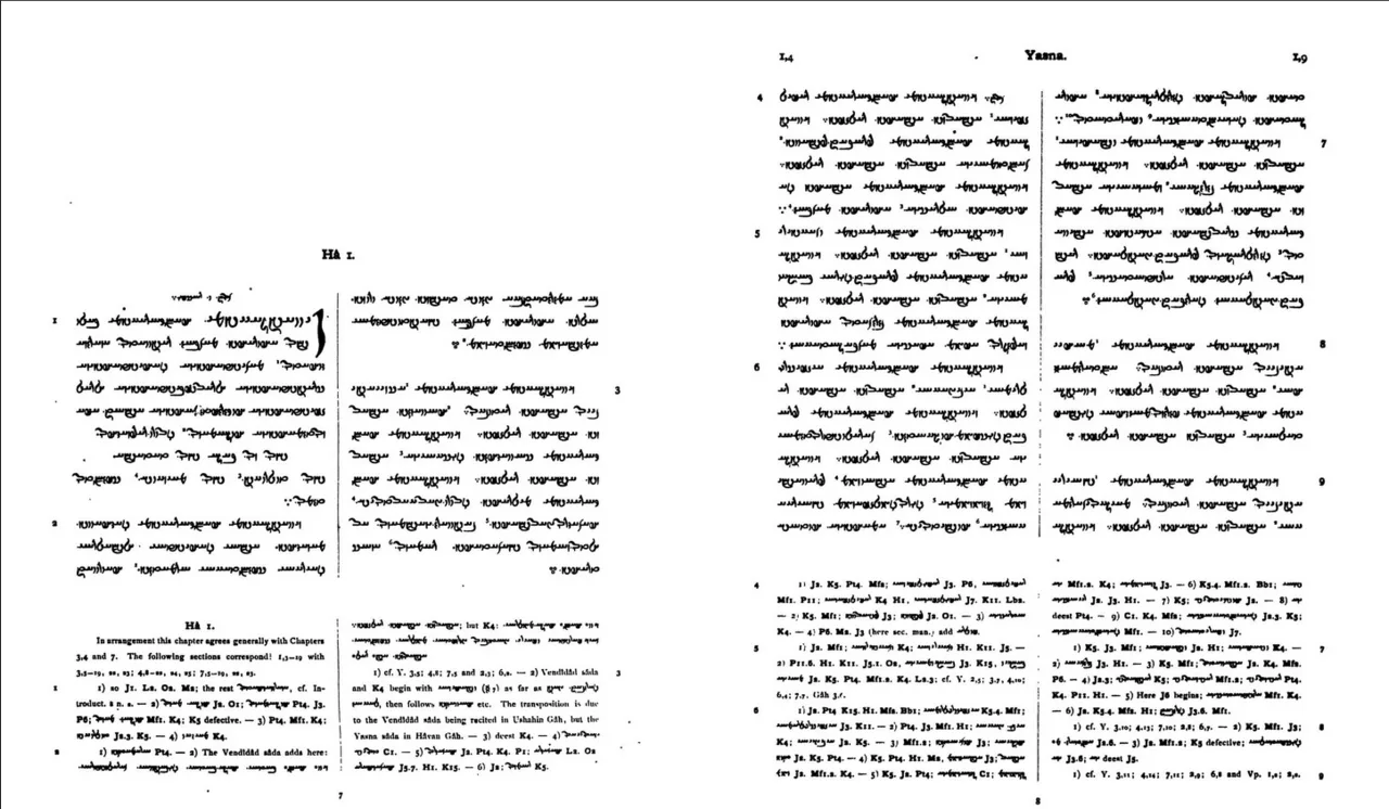 First two pages of the first chapter of the Yasna in Geldner's edition of the Avesta