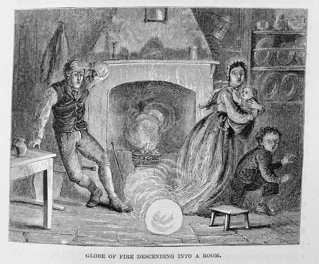 Ball lightning entering via the chimney (1886)
