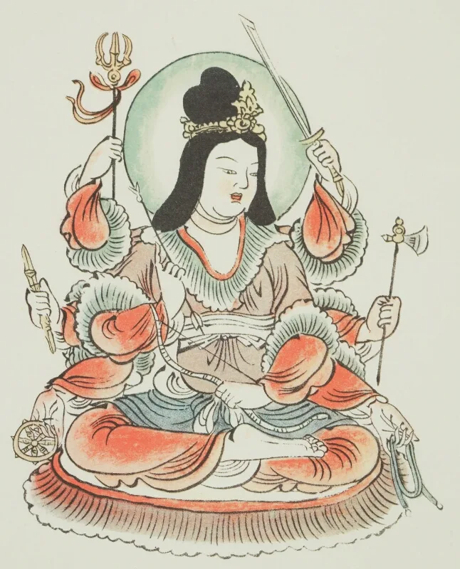Benzaiten with eight arms holding a bow, an arrow, a sword, a spear, an axe, a single-pronged vajra, a wheel, and a noos