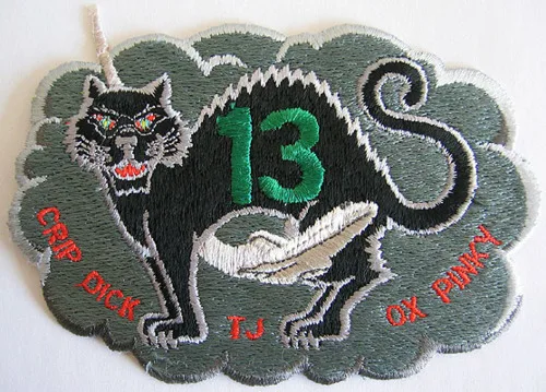 A gray, cloud-shaped patch with a black cat with an arched back and a shuttle swooping underneath. A green number "13" is marked on the cat.