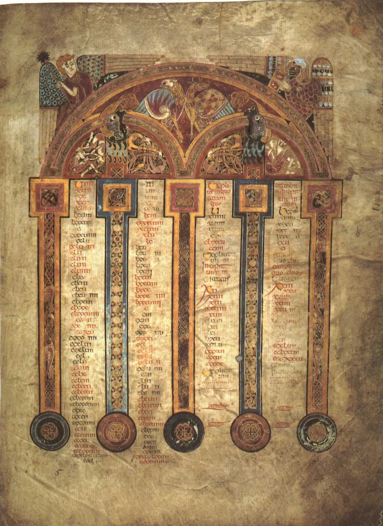 four narrow columns of black and red text beneath illustration