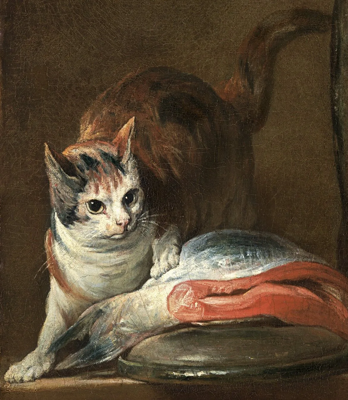 Painting of calico cat stepping on slice of fish