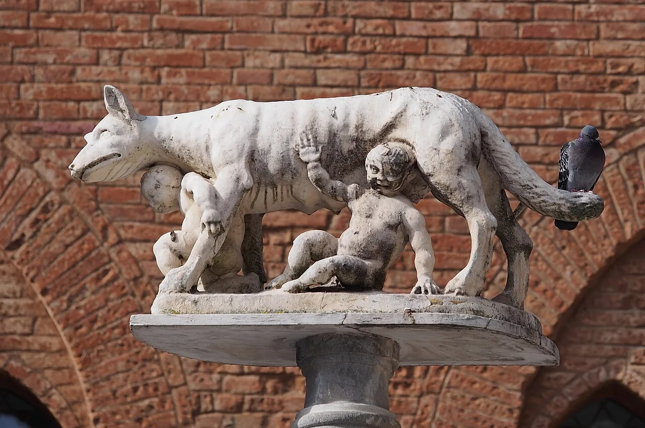 Capitoline Wolf at Siena Duomo. According to a legend Siena was founded by Senius and Aschius, two sons of Remus. When t