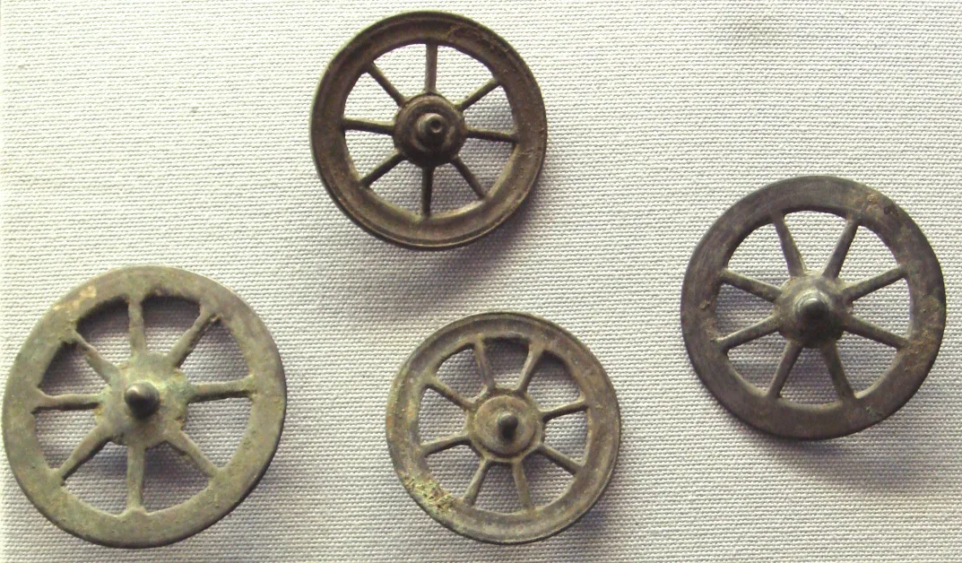 Votive Celtic wheels thought to correspond to the cult of Taranis. Thousands of such wheels have been found in sanctuari