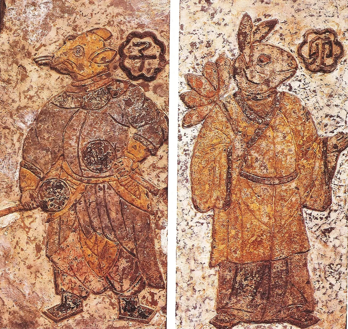Zoomorphic guardian spirits of certain Hours. On the left is the guardian of midnight (from 11 pm to 1 am) and on the ri