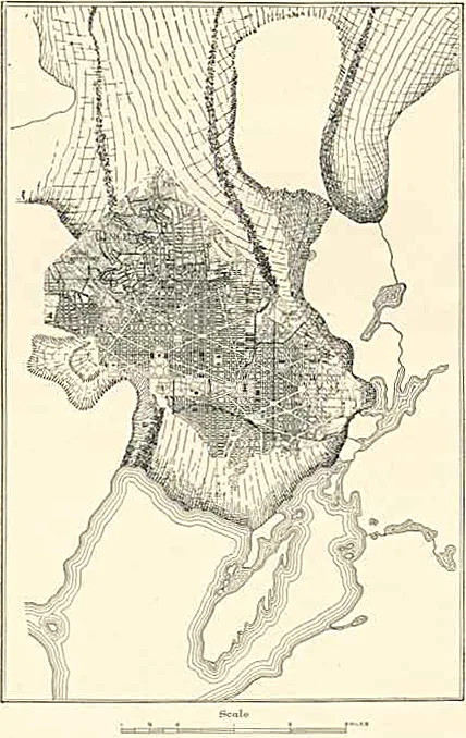 An illustration of Columbia Glacier in 1910, with the District of Columbia overlaid for scale comparisons