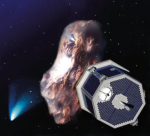 Artist's impression of the CONTOUR spacecraft making a flyby of a comet.