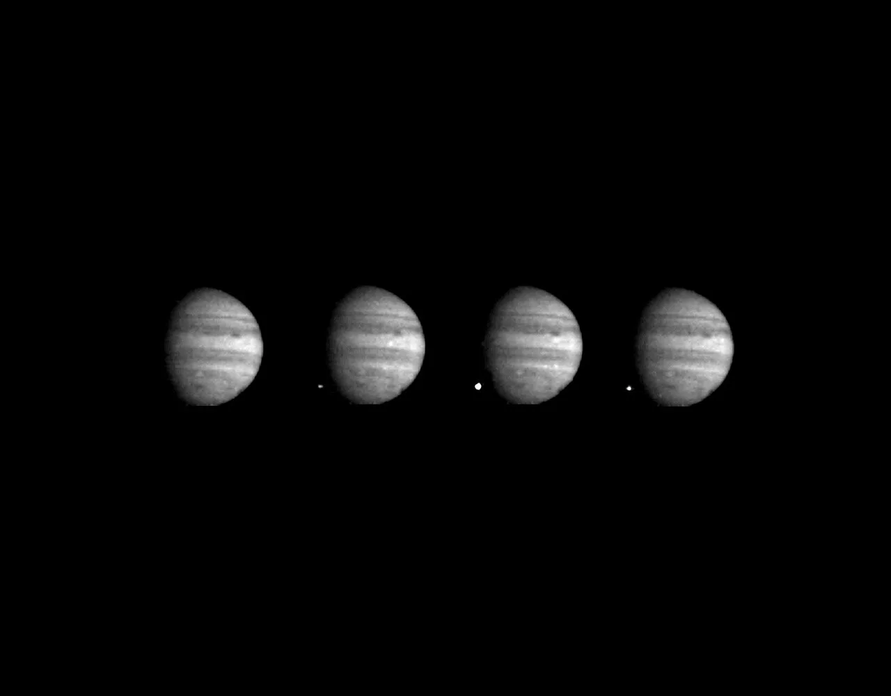 A sequence of Galileo images, taken several seconds apart, showing the appearance of the fireball of fragment W on the d