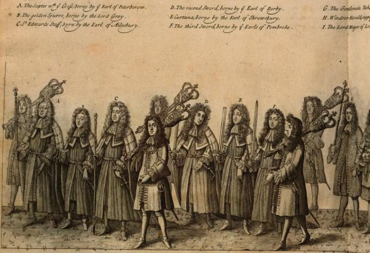Procession in the 1685 coronation of James II, including blunt Curtana sword (E) borne by the Earl of Shrewsbury.—Engrav