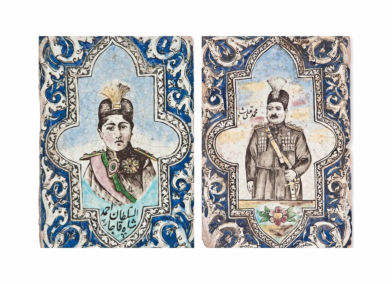 Tiles depicting Ahmad Shah Qajar (left) and Mohammad Ali Shah wearing the Daria-i-Norr on their hats, early 20th century