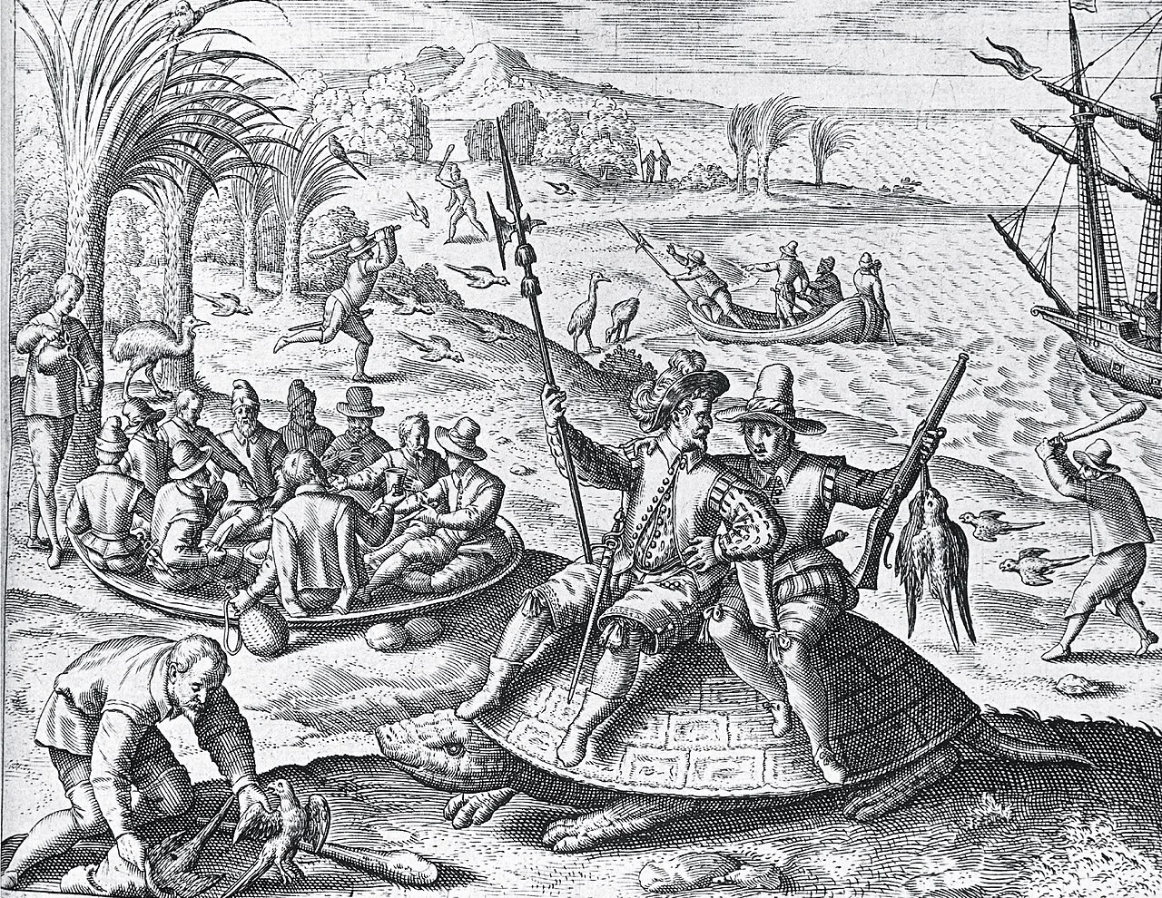 Depiction of the Dutch hunting parrots and riding a turtle on Mauritius in 1598; erronous, cassowary-like dodos can be s