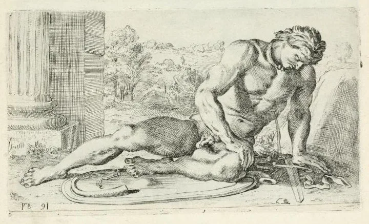 Engraving by  François Perrier of the Dying Gladiator statue in the Capitoline Museums of Rome