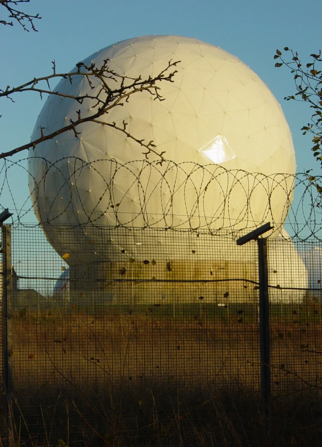 A radome at RAF Menwith Hill, a site with satellite uplink capabilities believed to be used by ECHELON