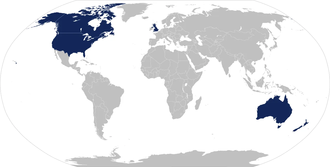Map of the UKUSA Agreement countries: Australia, Canada, New Zealand, United Kingdom, and the United States