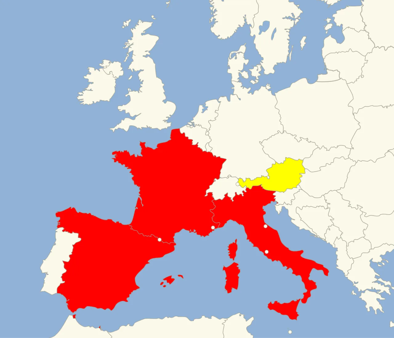 Spain, France, and Italy (red) denied Bolivian president Evo Morales permission to cross their airspace. Morales's plane