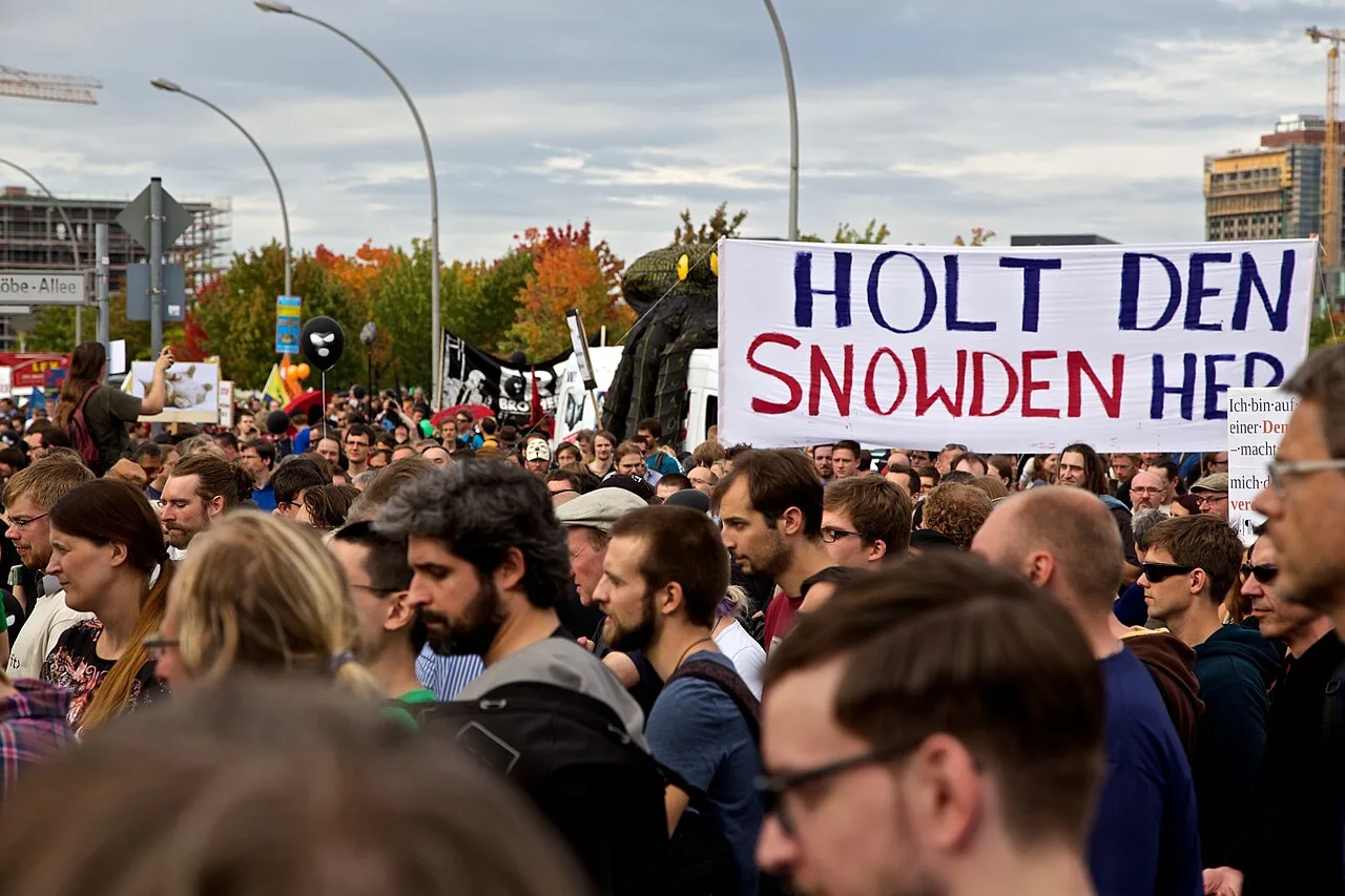 A rally in Germany in support of Snowden on August 30, 2014