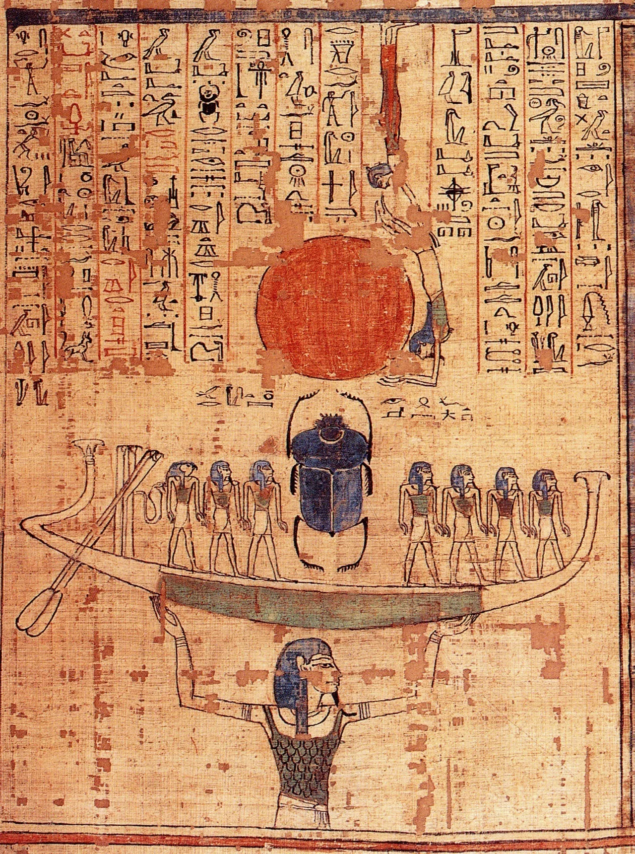 Nun, the embodiment of the primordial waters, lifts the barque of the sun god Ra into the sky at the moment of creation.