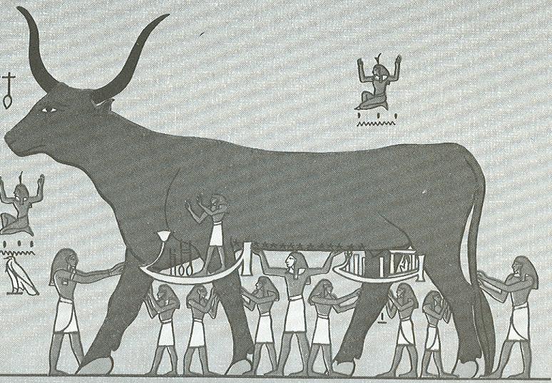 The sky depicted as a cow goddess supported by other deities. This image combines several coexisting visions of the sky: