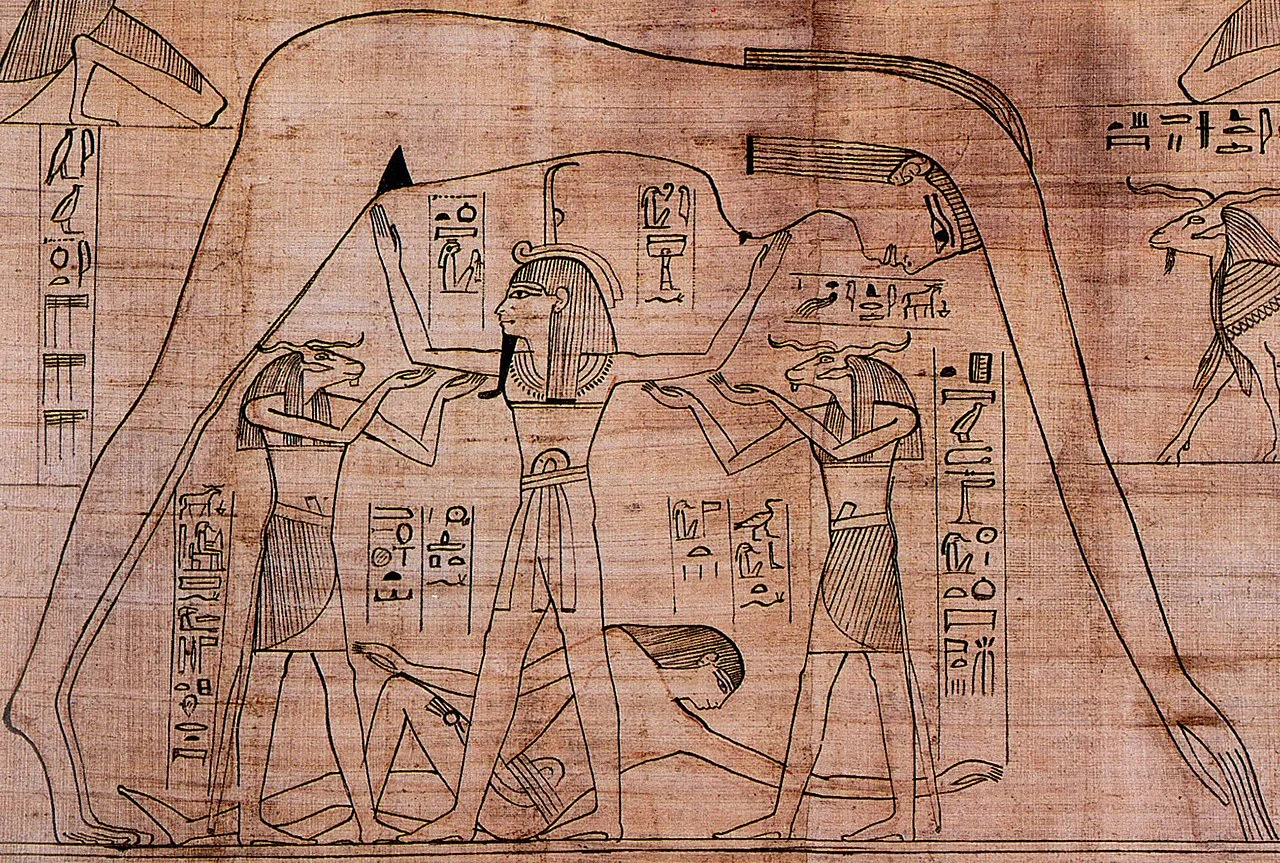 The air god Shu, assisted by other gods, holds up Nut, the sky, as Geb, the earth, lies beneath.