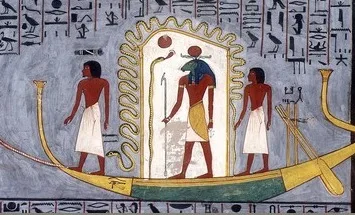 Ra (at center) travels through the sky in his barque, accompanied by other gods[97]