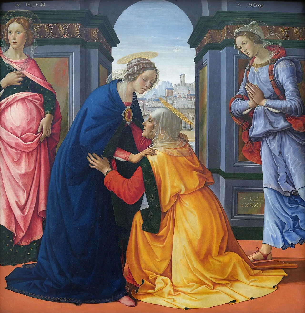 St. Elizabeth kneels before the Virgin Mary, who wears an ultramarine cloak, a pearl and ruby brooch, and a light veil. The Virgin Mary's half-sisters, Mary, mother of James, and Mary Salome, stand on either side of an archway open to a view of a city on a hill.