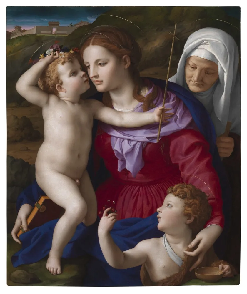 The Virgin Mary, wearing a cerise dress, a pale violet scarf, and an ultramarine cloak, holds the Christ Child, who wears a crown of wildflowers and holds a cross made of reeds. St. Elizabeth, wearing a white veil, looks over the Virgin Mary's shoulder. St. John the Baptist hands the Christ Child freshly picked strawberries, on the vine. All have thin gold halos. Dawn breaks over the mountains in the distance.