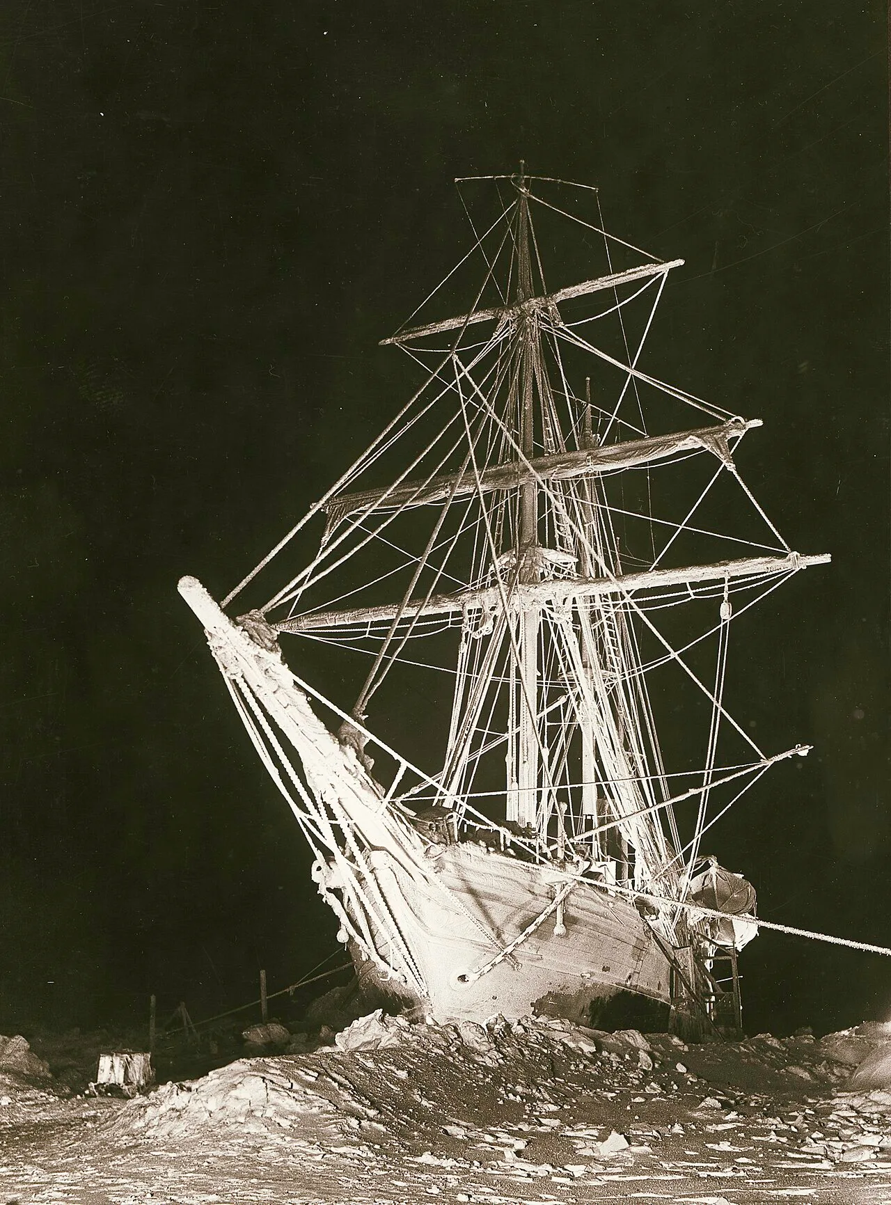 Shackleton's ship Endurance illuminated at night, 1915