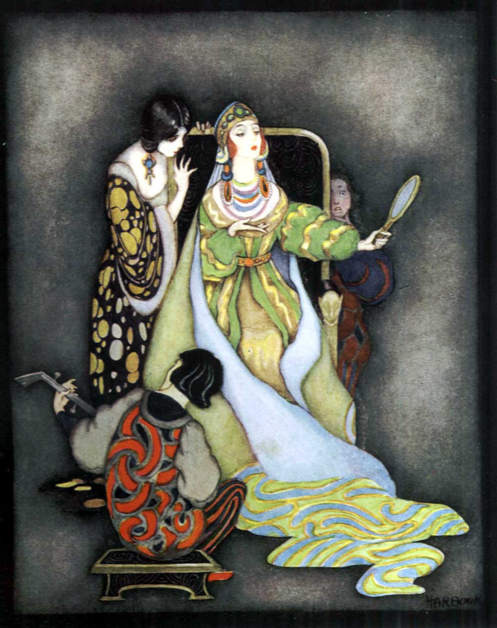 The queen with her mirror in Jennie Harbour's illustration for My Favorite Book of Fairy Tales (1921)