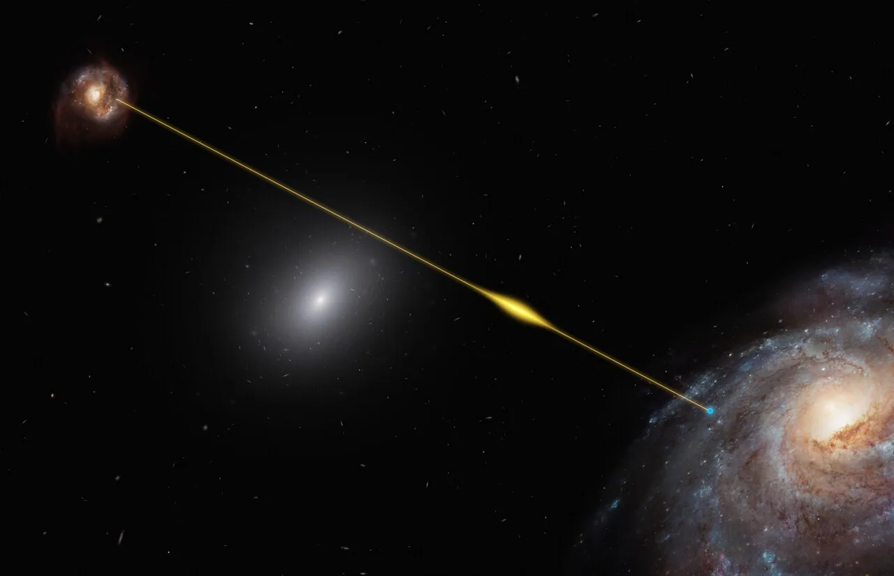 Artist's impression of a fast radio burst FRB 181112 traveling through space and reaching Earth.[132]