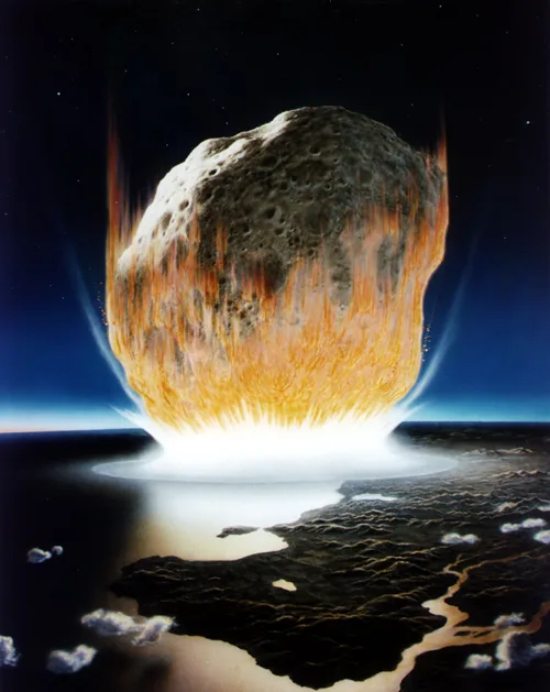 An asteroid impact may trigger an extinction event.