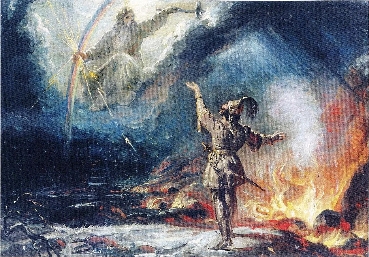 Painting by Robert Ekman in 1867 called Lemminkäinen tulisella järvellä ("Lemminkäinen on the Fiery Lake") where Lemmink