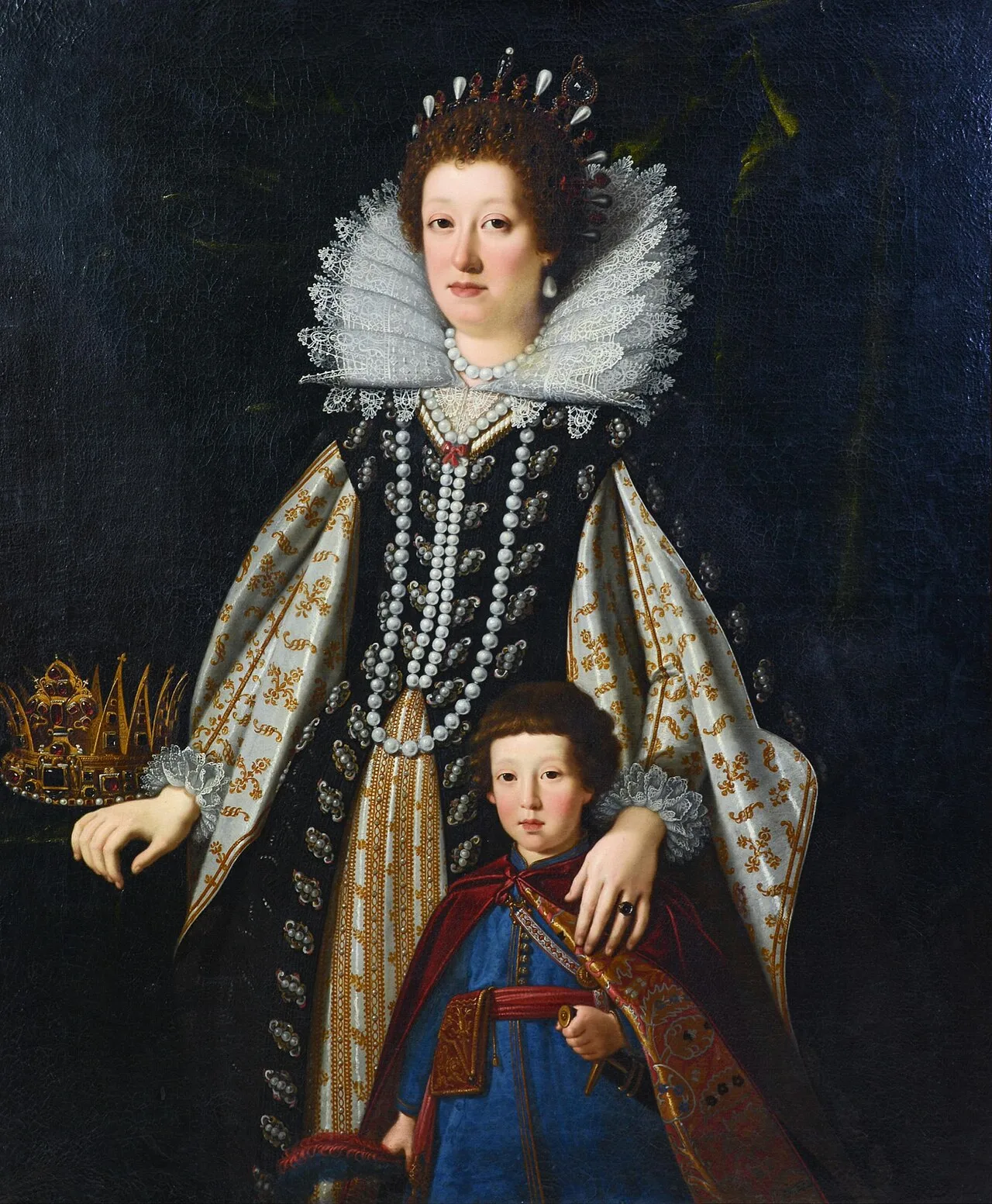 Portrait of Mary Magdalene of Austria with her son, wearing the Florentine on her head as a pendant