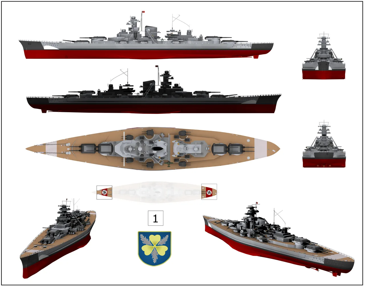 A 3D rendering of Bismarck based on her configuration during Operation Rheinübung