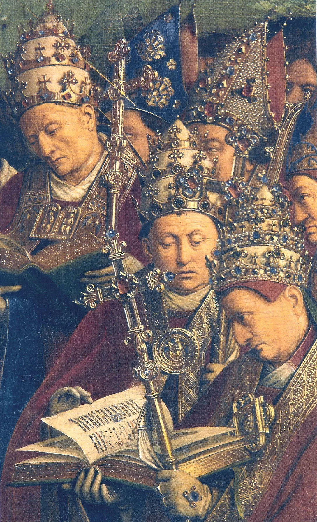 Three of the figures in the grouping to the right of the fountain can be identified as Martin V, Gregory VII and Antipop