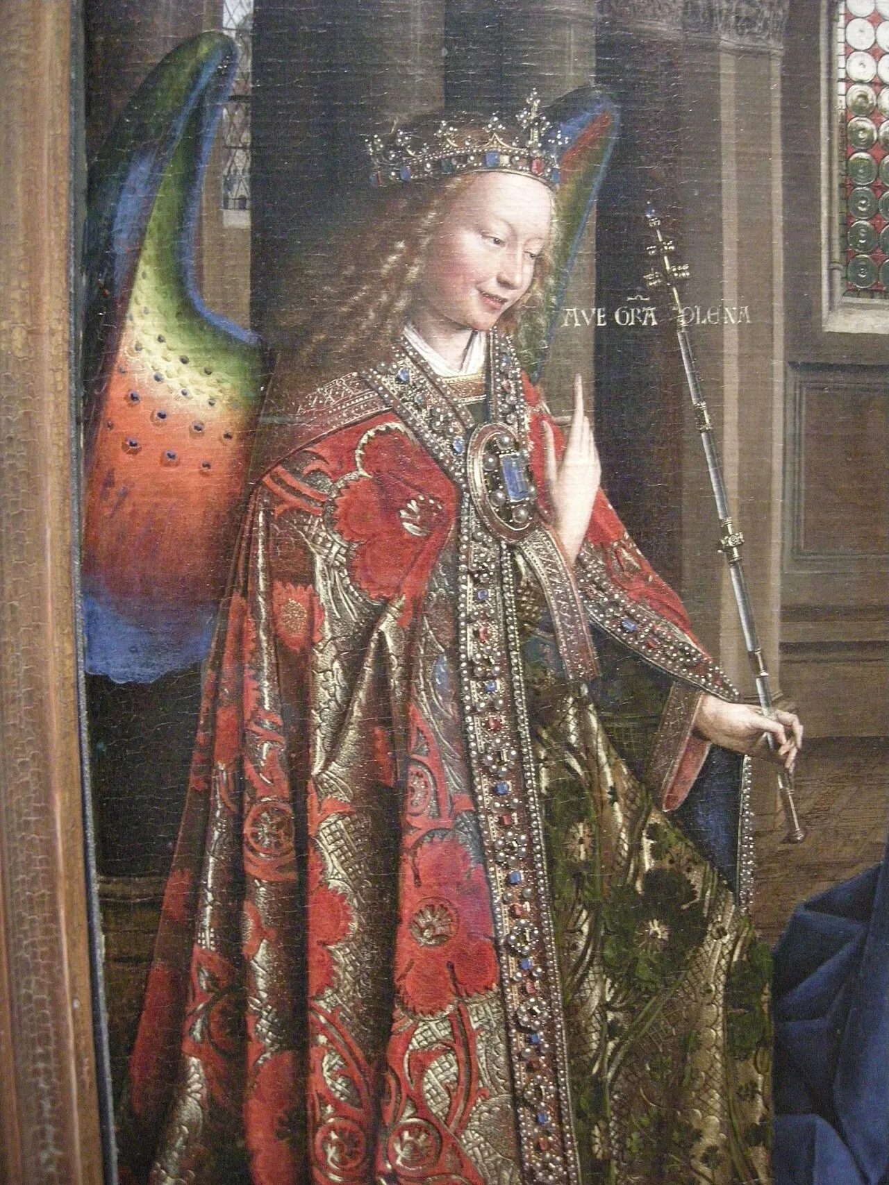 The Archangel Gabriel in a cope with a jewelled morse (clasp) in Jan van Eyck's Annunciation, 1434–36