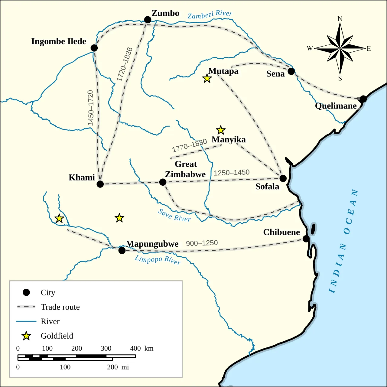 Map of trade centres and routes on the Zimbabwean Plateau