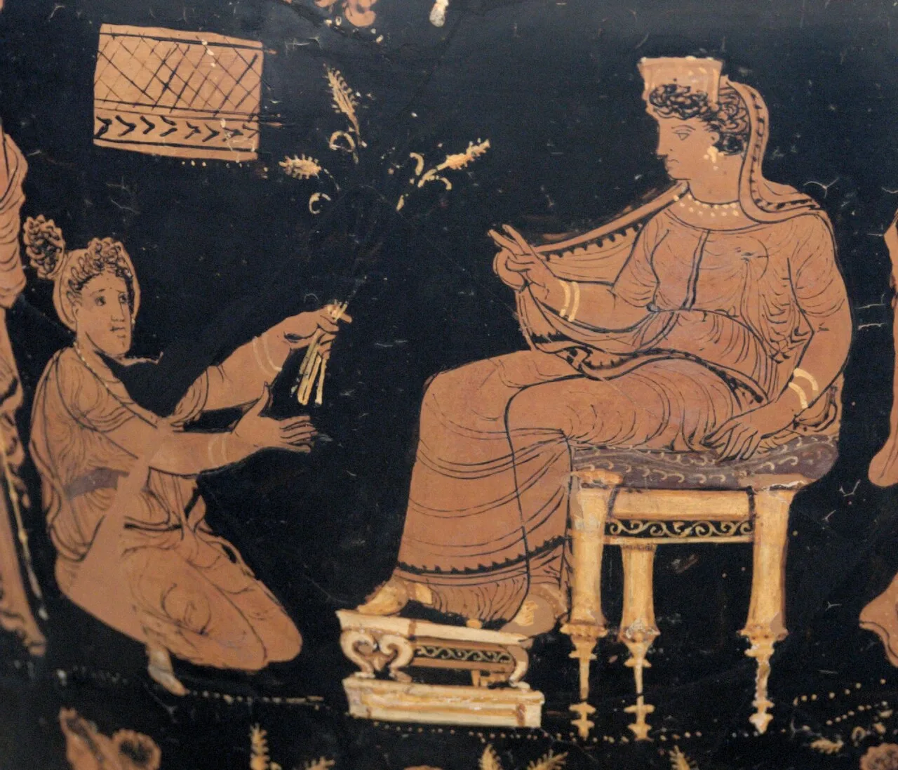 Demeter and Metanira in a detail on an Apulian red-figure hydria, circa 340 BC (Altes Museum, Berlin)